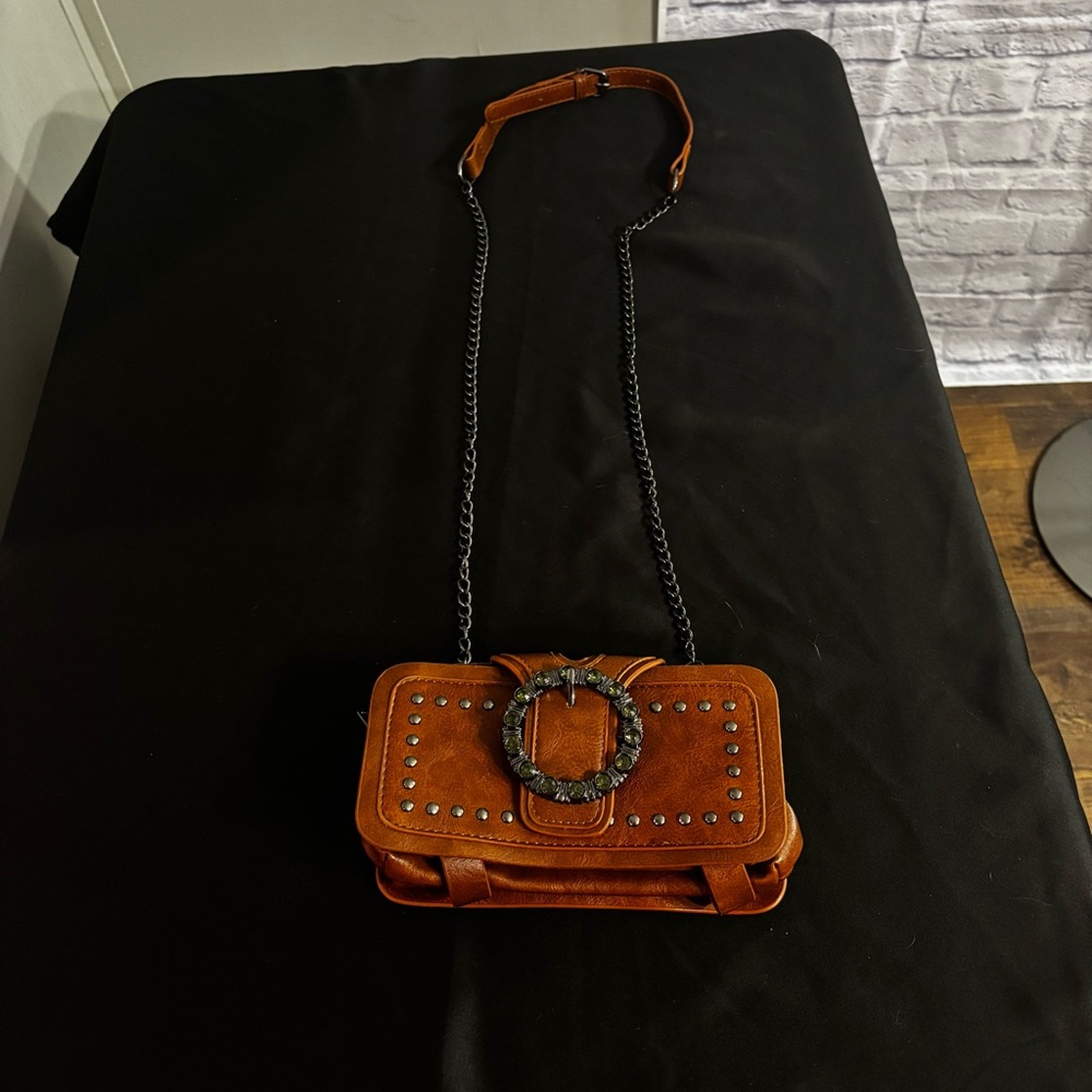 Women's Brown Studded Crossbody Bag with Decorative Ring